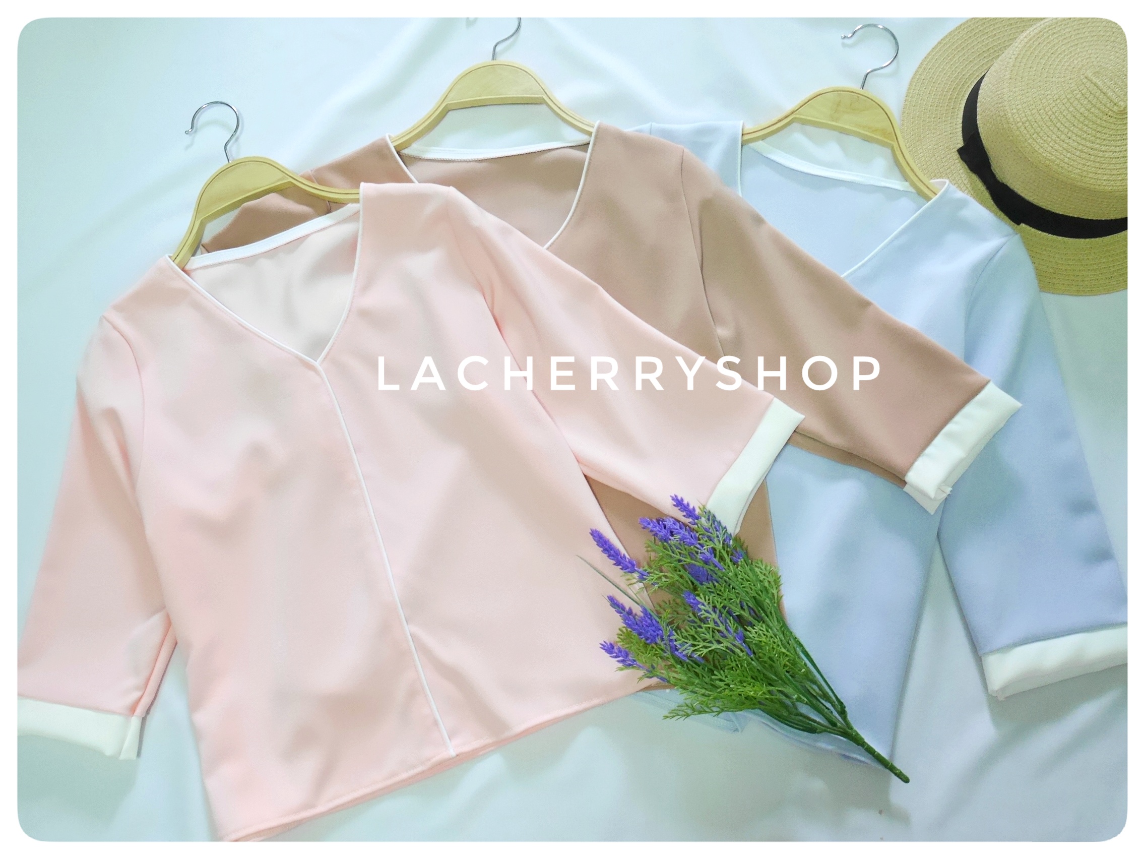 เสื้อแขนสามส่วน (สีชมพู) โทนสีพาสเทล คอวี กุ้นขอบสีตัดทูโทน แบบสวยน่ารักๆ