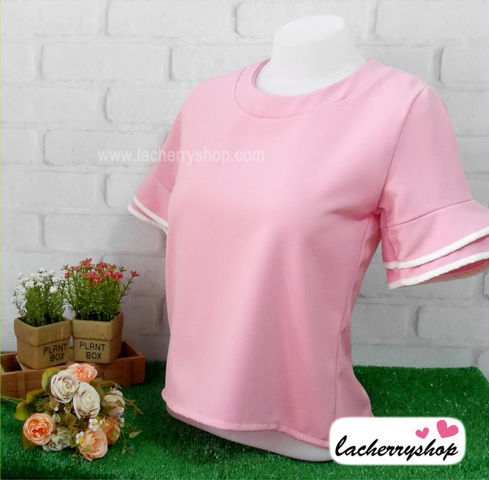 เสื้อแฟชั่น เสื้อทำงาน ผ้าฮานาโกะ สีม่วง พาสเทล สวยหวาน แต่งระบายแขนเสื้อริ้วสีขาว สินค้าคุณภาพ ราคาไม่แพง