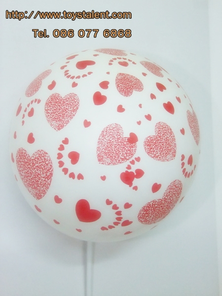 ลูกโป่งกลมสีขาว พิมพ์ลายหัวใจ สีแดง รอบใบ ไซส์ 12 นิ้ว แพ็คละ 10 ใบ (Round Balloons 12" - Printing Heart red on latex White balloons)