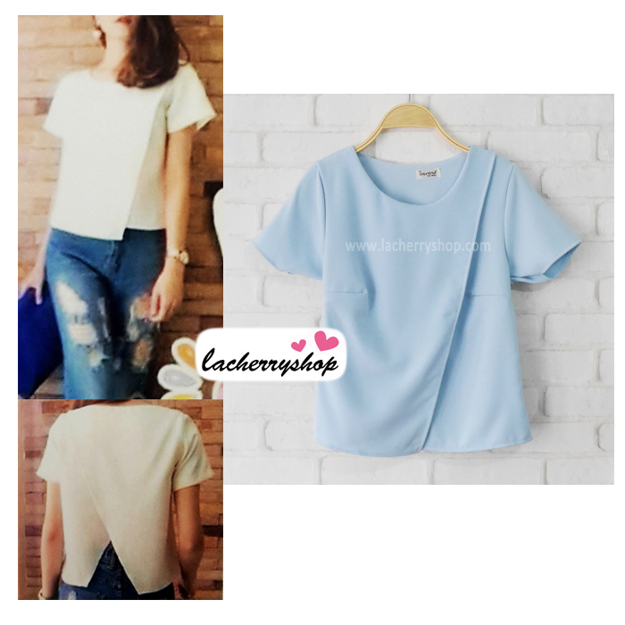 เสื้อแฟชั่นสวยๆ ผ้าฮานาโกะ สีฟ้า ดีไซน์ผ้าป้ายหน้า-หลังเก๋ๆ แบบยอดนิยม สวยเรียบหรู
