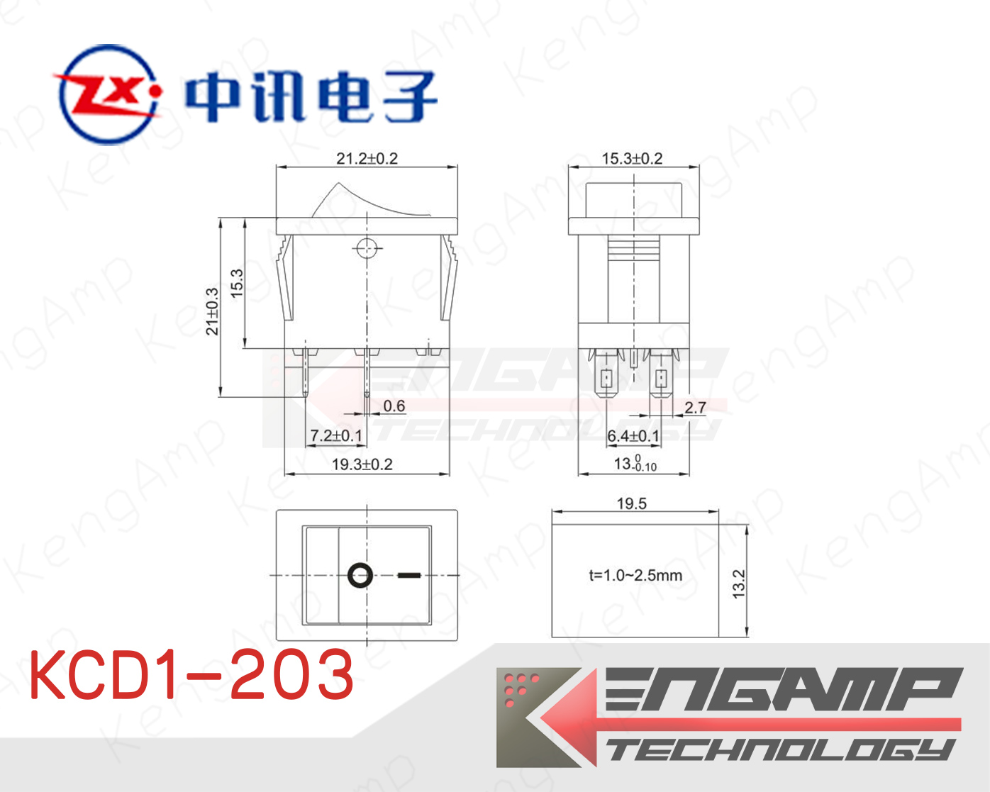 (1ตัว) KCD1-203 ON-OFF-ON 6ขา Zhongxun ขนาด 15x21mm 6A/250Vac