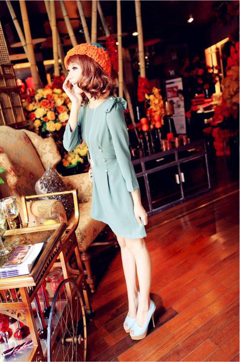 SALE//SALE (ส่งฟรี) 91PF ชุดเดรส สไตล์เกาหลี สีฟ้า แขนสามส่วน แต่งไหล่น่ารักๆเป็นหยักๆ ปักหมุดสีทองด้านหน้า มีสายมัดเอว แบบสวยเรียบหรู สินค้าคุณภาพดี