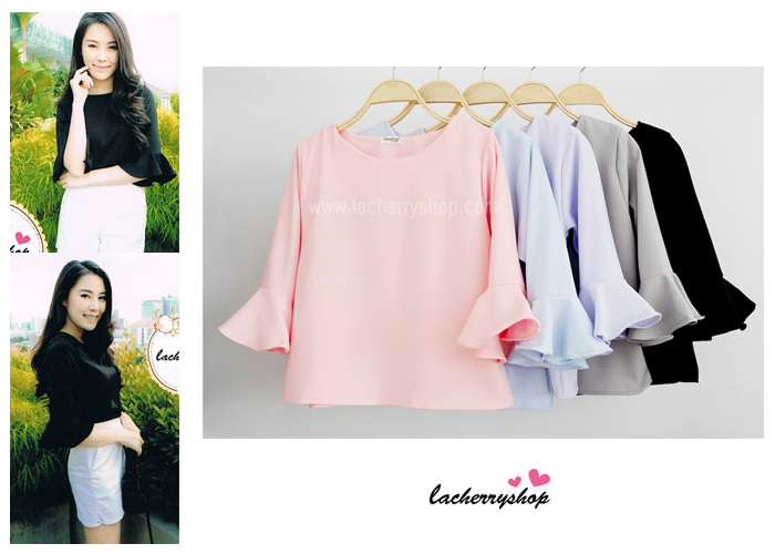เสื้อแฟชั่น เสื้อทำงาน ผ้าฮานาโกะ สีชมพู แขนกระดิ่งสามส่วน แบบสวยเรียบหรู สินค้าคุณภาพดี