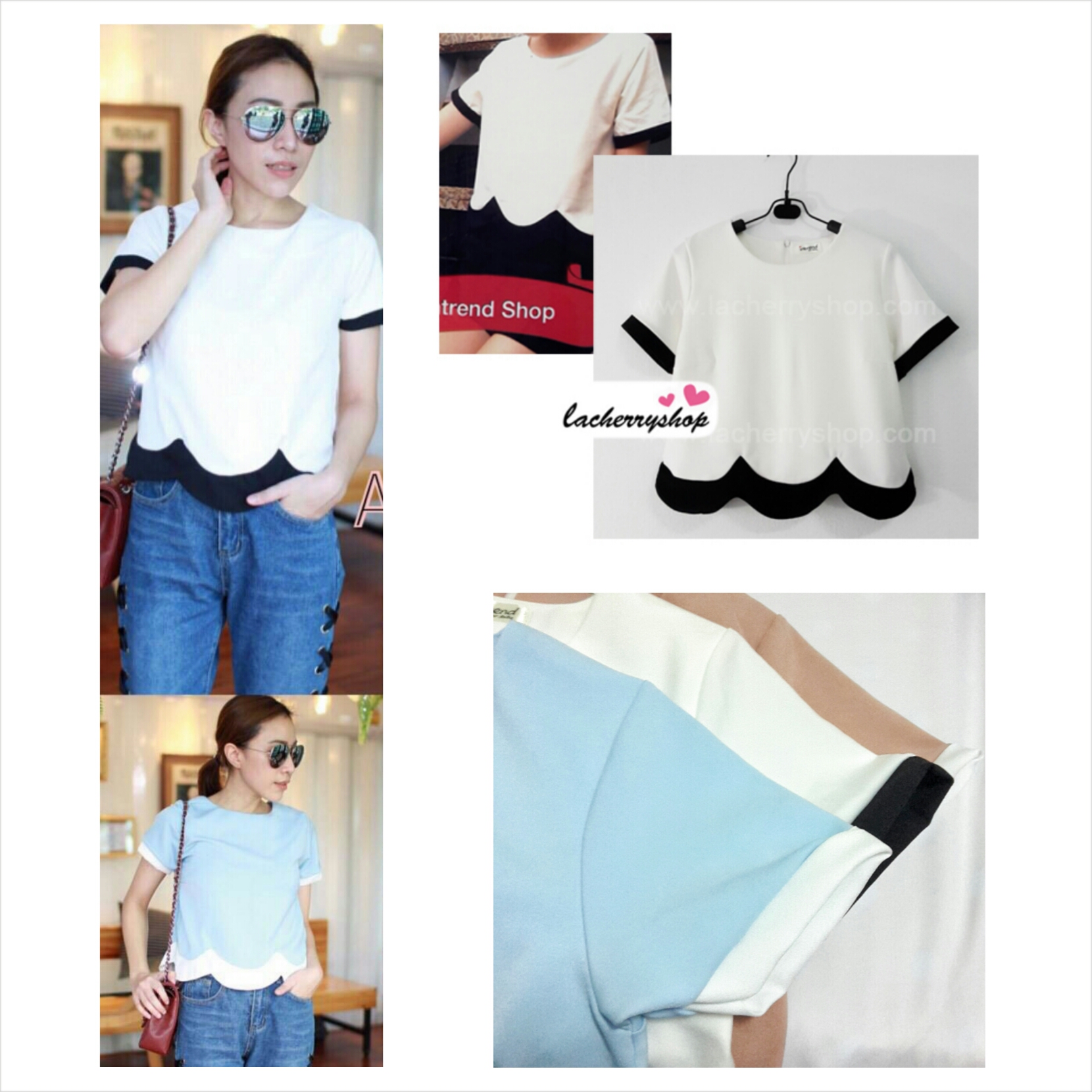 เสื้อแฟชั่น เสื้อทำงาน ผ้าฮานาโกะ สีขาว แบบสวยน่ารัก สีทูโทน เอวหยัก เนื้อผ้านิ่ม อยู่ทรง ไม่ยับง่าย ใส่สบาย สินค้าคุณภาพ ราคาไม่แพง