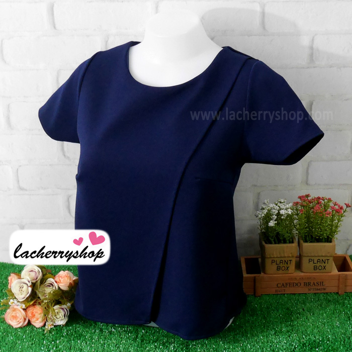 เสื้อแฟชั่นสวยๆ ผ้าฮานาโกะ สีกรมท่า ดีไซน์ผ้าป้ายหน้า-หลังเก๋ๆ แบบยอดนิยม สวยเรียบหรู