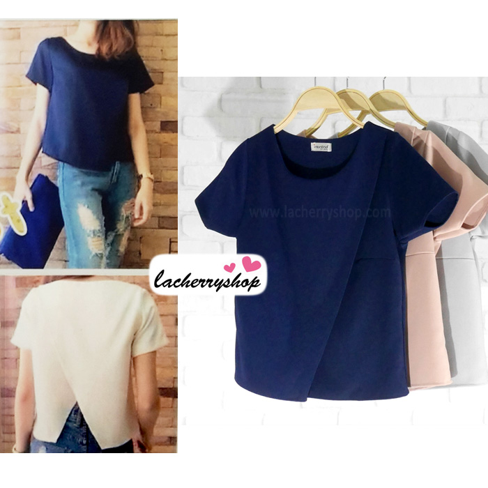 เสื้อแฟชั่นสวยๆ ผ้าฮานาโกะ (สีชมพู) ตัดแต่งผ้าไขว้ เปิดด้านหลังเก๋ๆ แบบยอดนิยม สวยเรียบหรู