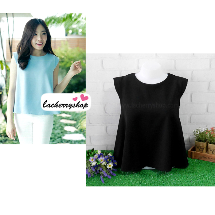 เสื้อผ้าแฟชั่นสวยๆ เสื้อทำงานสีดำ ผ้าฮานาโกะ แต่งดีเทลช่วงไหล่ ปล่อยชายพริ้ว แบบสวยน่ารัก สินค้าคุณภาพดี