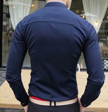 เสื้อเชิ้ตคอจีนแขนยาว แฟชั่นกระเป๋า คอลาย สีน้ำเงิน No.38