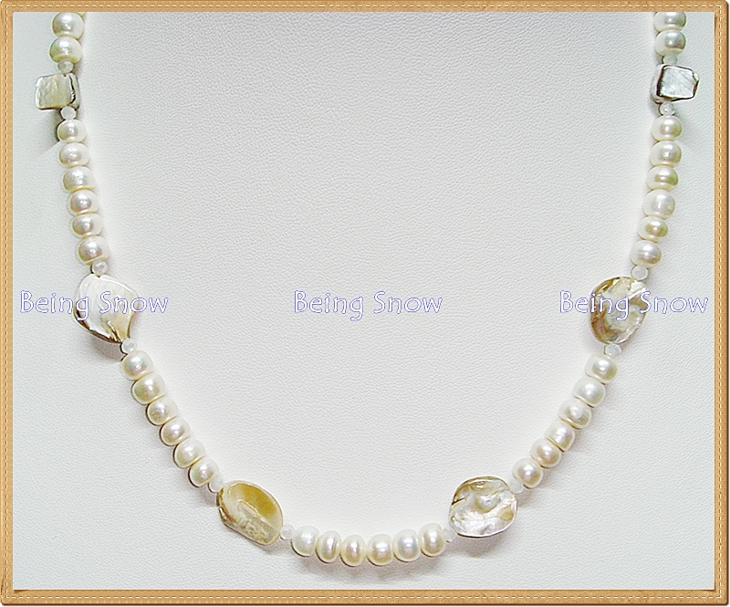 Set สร้อยคอ&สร้อยข้อมือไข่มุกทรงข้าวโพด + เปลือกหอยทรงเหลี่ยม