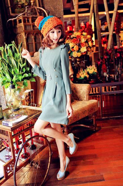 SALE//SALE (ส่งฟรี) 91PF ชุดเดรส สไตล์เกาหลี สีฟ้า แขนสามส่วน แต่งไหล่น่ารักๆเป็นหยักๆ ปักหมุดสีทองด้านหน้า มีสายมัดเอว แบบสวยเรียบหรู สินค้าคุณภาพดี