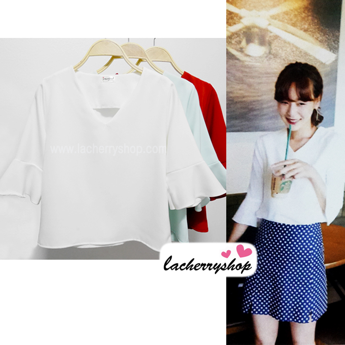 เสื้อแฟชั่น เสื้อทำงาน ผ้าฮานาโกะ สีขาว คอวี แขนสามส่วน แบบเรียบหรู เนื้อผ้า อยู่ทรง ใส่สบาย ไม่ยับง่าย สินค้าคุณภาพ ราคาไม่แพง