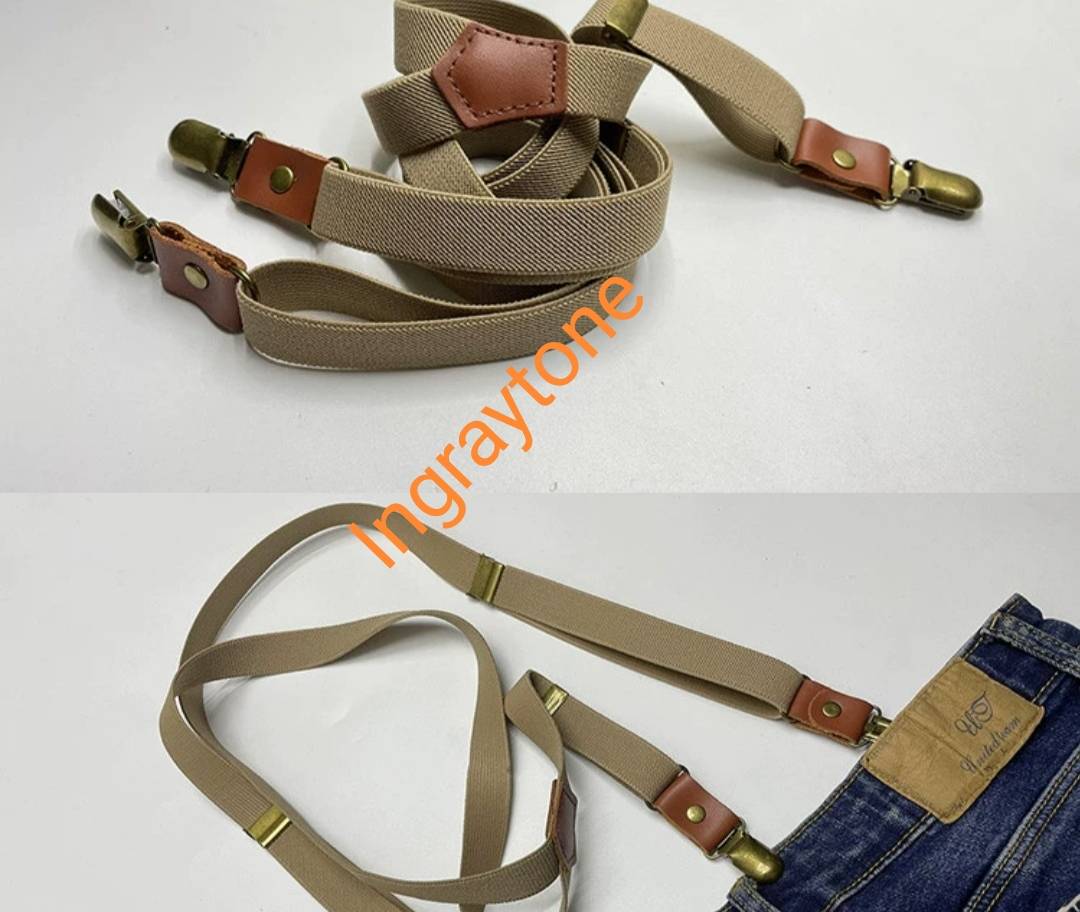 สายรัดกางเกงเอี๊ยม หนังแท้ วินเทจ คลิบแน่นหัวทองเหลือง กว้าง 2cm แบบ Y ยืดหยุ่น สีครีม