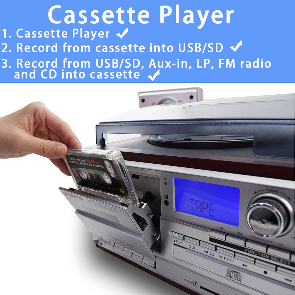 เครื่องเล่น Looptone สามารถเล่นแผ่นเสียงทุกขนาด , CD , USB , MD card , cassett Tape , วิทยุ AM /FM มี ฺBT