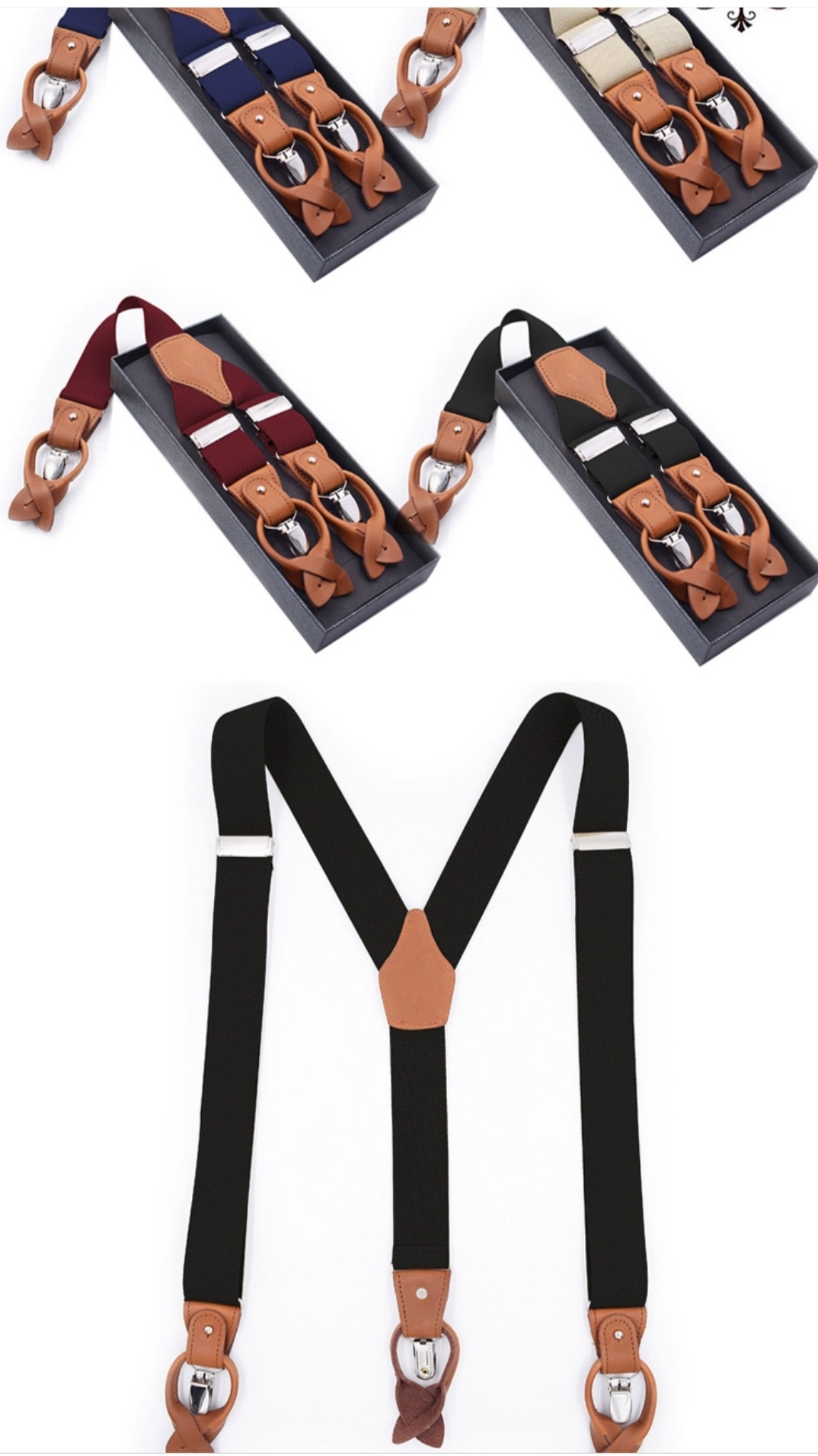 สายรัดกางเกงเอี๊ยม มาตรฐาน 3จุด หูคู่ ตัวรัดยึดได้แบบคลิบ หรือ กระดุมไม่เป็นสนิม แบบ Y กว้าง 3.5cm แบบหูคู่พร้อมคลิบ2สไตล์ หนังน้ำตาลแท้ สี น้ำเงิน น้ำตาล น้ำตาลล้วน แดง ขาว เนื้อ ดำ เทา คละสี