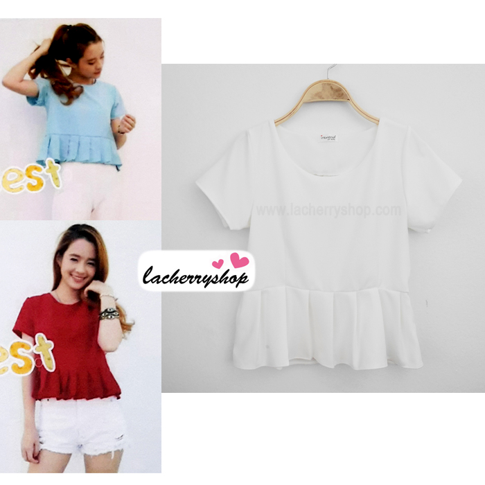 เสื้อแฟชั่น เสื้อทำงาน ผ้าฮานาโกะ สีขาว แต่งระบายเอว แบบสวยเรียบหรู สินค้าคุณภาพดี ราคาย่อมเยา