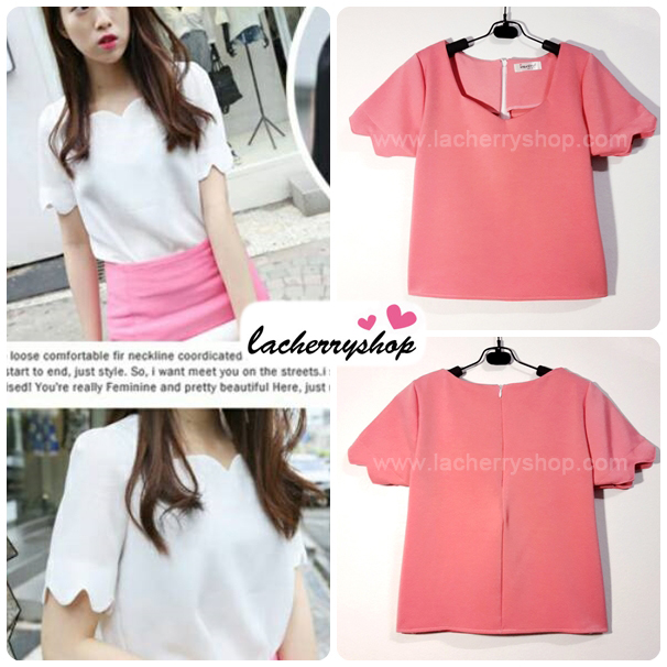 เสื้อแฟชั่นผ้าฮานาโกะ เสื้อทำงาน สีชมพู คอและแขนเป็นหยักๆ สวยหวาน สินค้าคุณภาพ ราคาไม่แพง