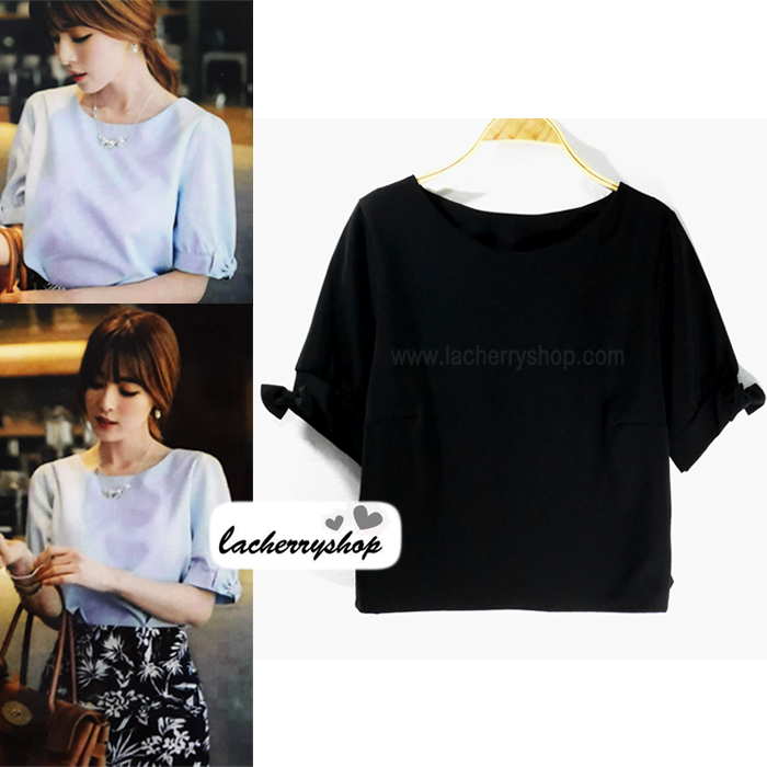 เสื้อแฟชั่น เสื้อทำงาน ผ้าฮานาโกะ สีดำ แต่งโบว์ที่แขน แบบสวยน่ารัก สไตล์เกาหลี สินค้าคุณภาพดี ราคาเบาๆ
