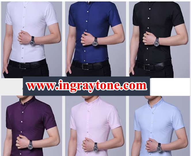 เสื้อคอจีนผู้ชาย เชิ้ตแขนสั้น แฟชั่น แต่งขอบปก Size No.36 38 40 42 44 46 ฟ้าอ่อน ดำ ขาว ชมพู ฟ้า ม่วง