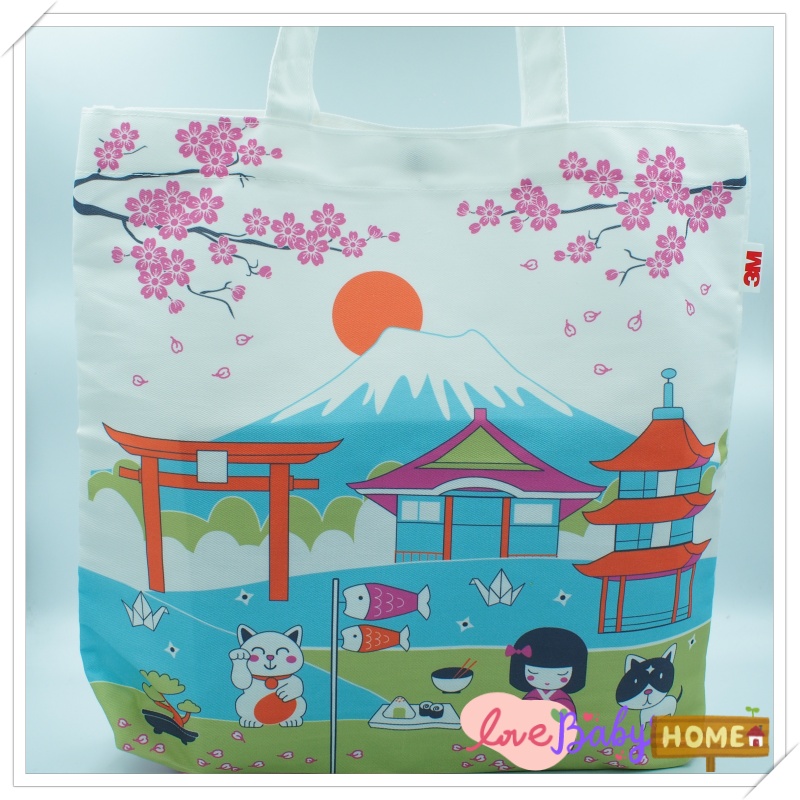 กระเป๋าผ้าดิบ กระเป๋าสะพาย สีขาว ลายฟูจิ สินค้าเป็นของแถมจาก 3M