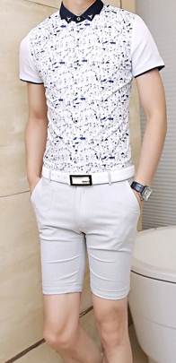 เสื้อเชิ้ตแขนสั้น แต่งเข็มกลัด ปกสีตัด ลายสัตว์ป่า ทรงปกติ No.39 (ลายน้ำเงิน)