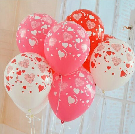 ลูกโป่งกลมสีขาว พิมพ์ลายหัวใจ สีแดง รอบใบ ไซส์ 12 นิ้ว แพ็คละ 10 ใบ (Round Balloons 12" - Printing Heart red on latex White balloons)