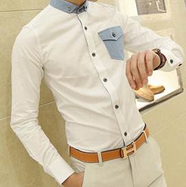 เสื้อเชิ้ตแขนยาว กระเป๋าแต่งฟ้า สีขาวสลับฟ้า No.39