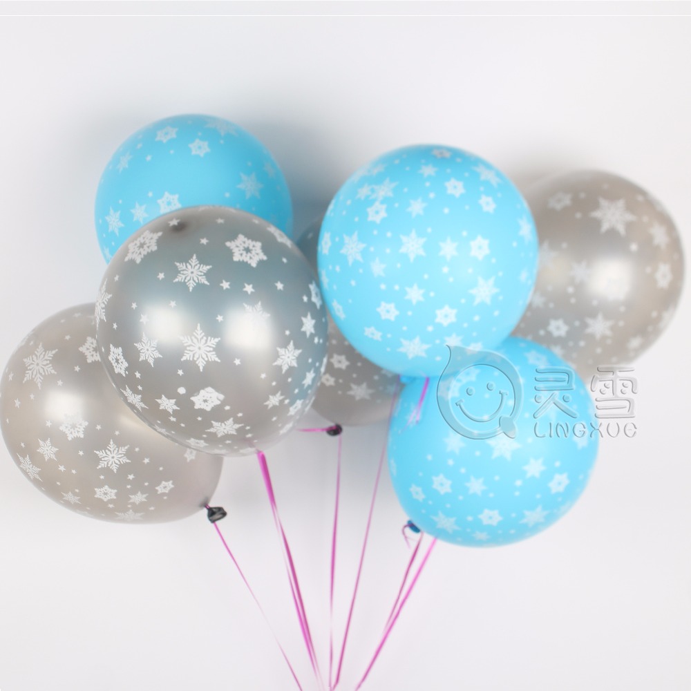 ลูกโป่งกลมพิมพ์ลายหิมะ Snow Flake สีฟ้าและสีเงิน แพ็คละ 10 ใบ(Round Balloons 12"- Printing Snow Flake Blue and Silver color)