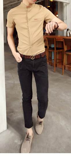 เสื้อเชิ้ตคอจีนแขนสั้น แต่งคอเข็มขัด สีดำ เขียว กากี No.34 36