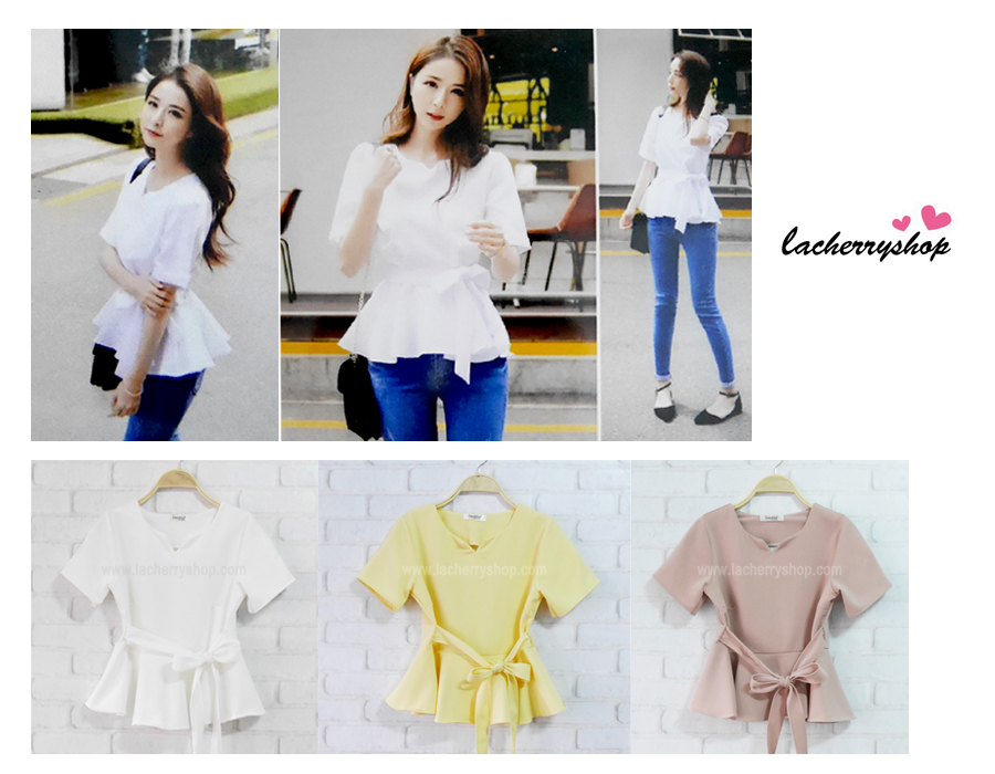 เสื้อผ้าแฟชั่นสวยๆ เสื้อทำงาน สีเขียวมิ้นท์ ผ้าฮานาโกะ แต่งระบายเอว มีสายมัดโบว์ สวยหวานสไตล์เกาหลี ใส่ได้หลายสไตล์ เว้าคอ มีซิปหลัง ใส่ได้ทุกโอกาส