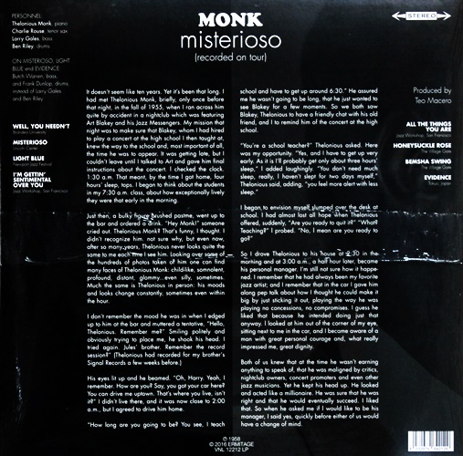 The Lonious Monk Quartet - Misterioso 1Lp New