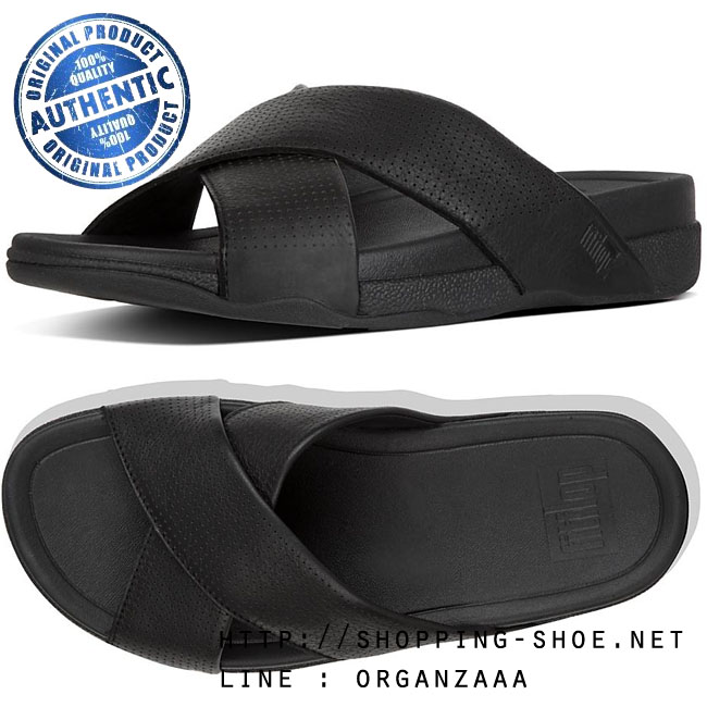 Fitflop Men's Surfer Perforated Leather Slide Black ของแท้ นำเข้าจาก USA และ UK