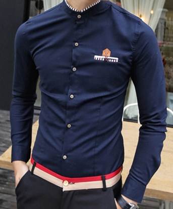 เสื้อเชิ้ตคอจีนแขนยาว แฟชั่นกระเป๋า คอลาย สีน้ำเงิน No.38