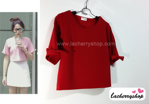 เสื้อแฟชั่นผ้าฮานาโกะ เสื้อทำงาน สีแดง แขนสามส่วนแต่งโบว์ น่ารักมากๆ สินค้าคุณภาพดี ราคาไม่แพง