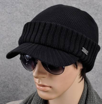 หมวกแก๊บไหมพรม หมวกถักมีปีก หมวกแก๊บกันหนาว สีดำ