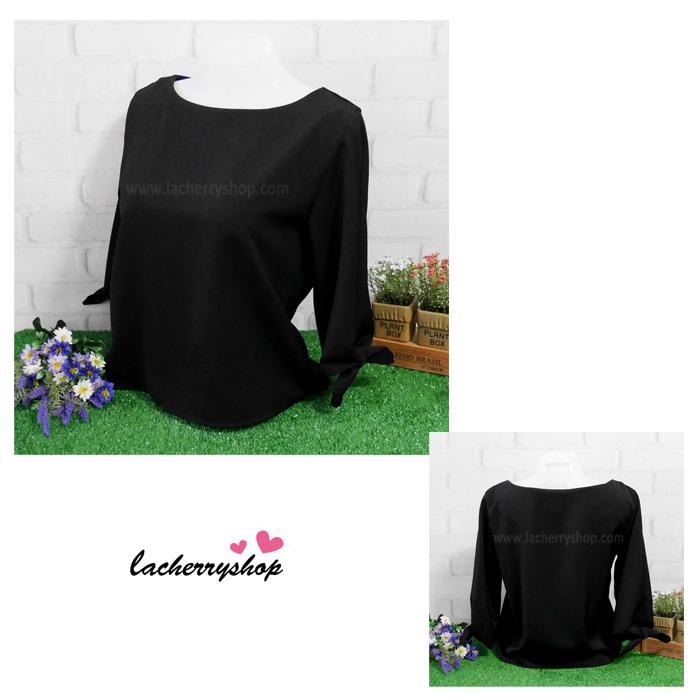 เสื้อผ้าแฟชั่นสวยๆ เสื้อทำงาน สีดำ ผ้าฮานาโกะ คอปาด แขนสามส่วนมัดโบว์ แบบสวยน่ารักมากๆค่า สินค้าคุณภาพดี