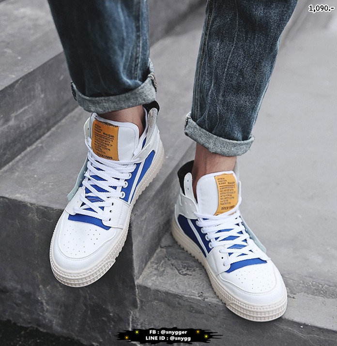 รองเท้าผ้าใบหุ้มข้อสไตล์ HIP HOP สีขาวน้ำเงิน