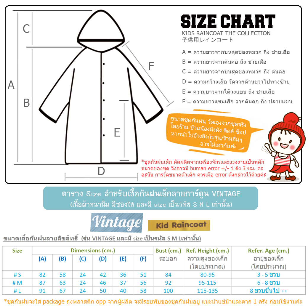 ขนาดเสื้อกันฝนเด็ก