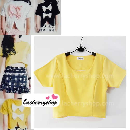 เสื้อแฟชั่น ผ้าฮานาโกะ สีเหลือง แบบน่ารักๆ มีโบว์ด้านหลัง เนื้อผ้านิ่ม อยู่ทรง ไม่ยับง่าย ใส่สบาย สินค้าคุณภาพ ราคาไม่แพง