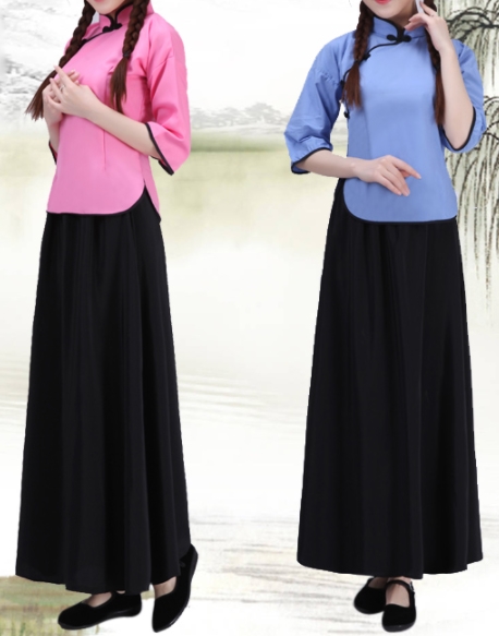 ชุดเสื้อคอจีนกี่เพ้า ชุดแสดง หญืง กระโปรงสั้นเข่า สีฟ้า แดง ขาว ชมพู Size No สูง120 130 140 150 160 170