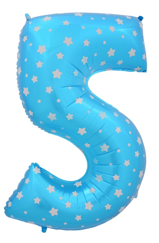 ลูกโป่งฟอยล์รูปตัวเลข 5 สีฟ้าพิมพ์ลายดาว ไซส์จัมโบ้ 40 นิ้ว - Number 5 Shape Foil Balloon Size 40" Blue Color printing Star