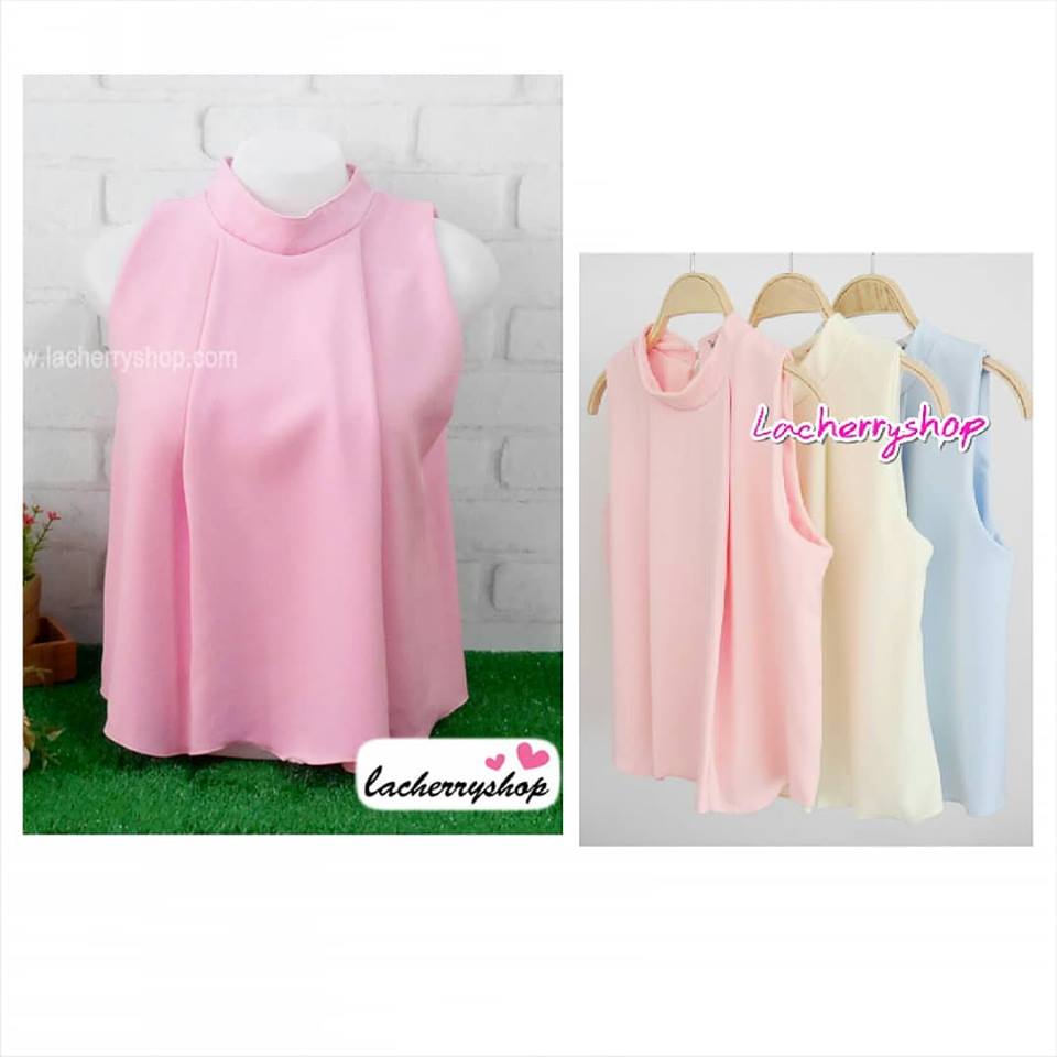 เสื้อแฟชั่นผ้าฮานาโกะ สีชมพู คอจีน แขนกุด แต่งระบายอก มีกระดุมหลัง แบบสวยเรียบหรู เนื้อผ้าฮานาโกะคุณภาพดี