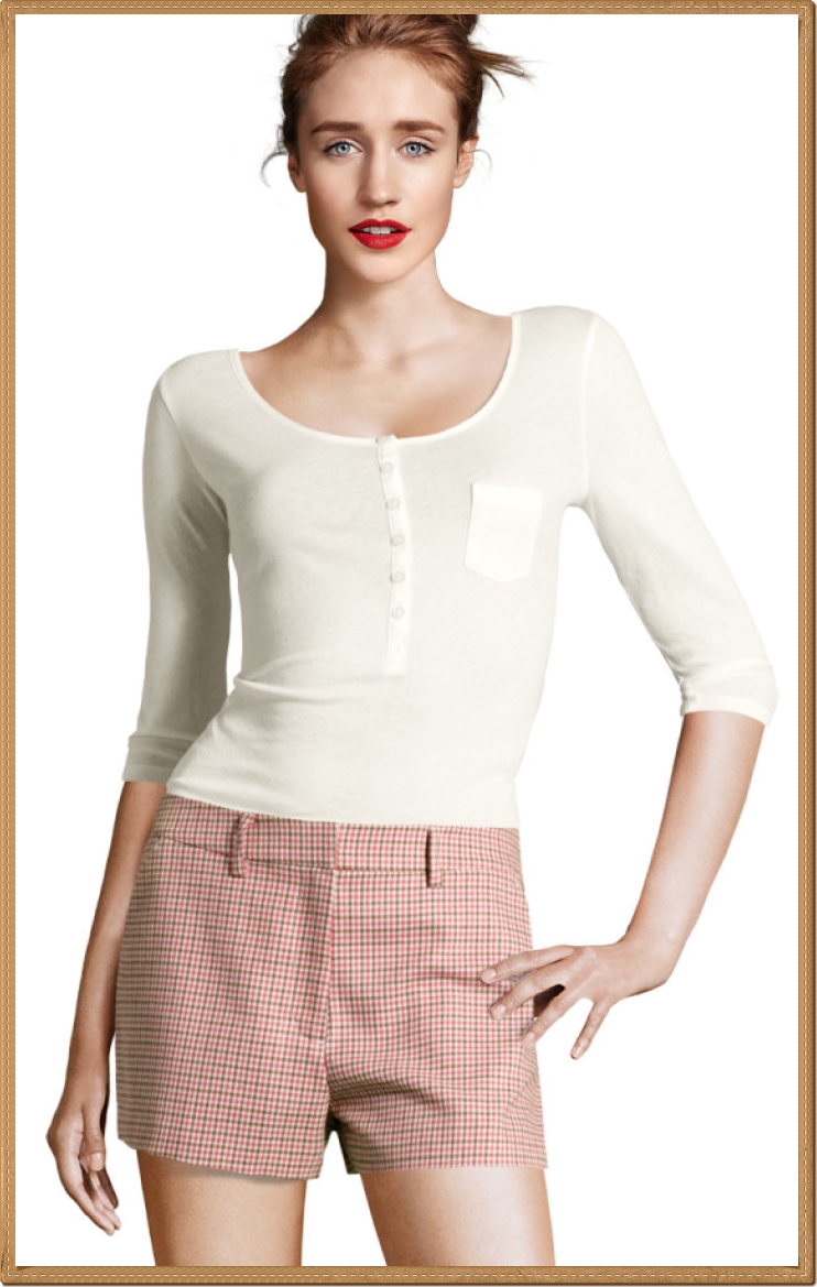 H&M - กางเกงขาสั้นผ้าทอลายตารางสีชมพู