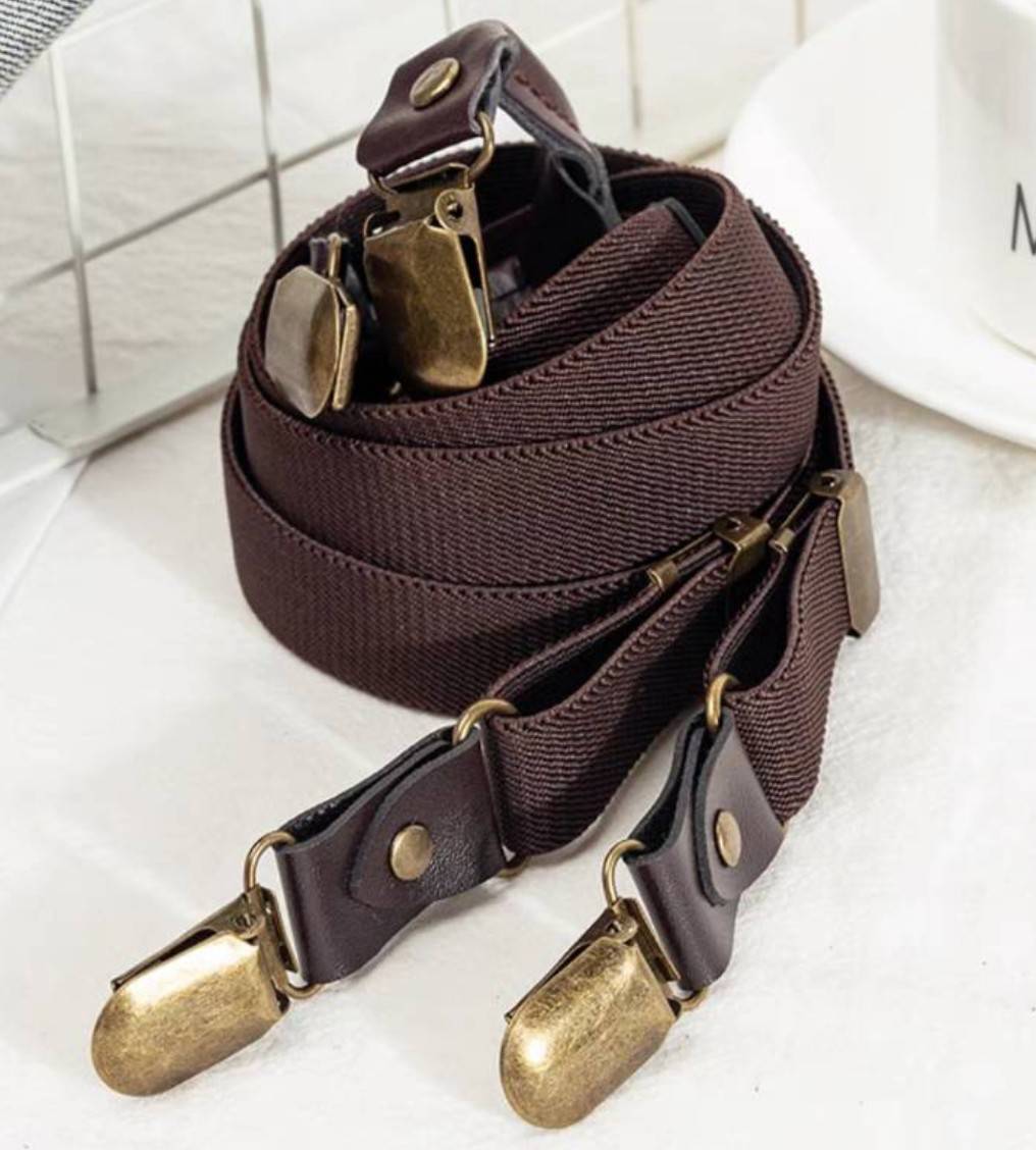 สายรัดกางเกงเอี๊ยมยืด หนังพียู วินเทจ คลิบแน่นหัวทองเหลือง กว้าง 2cm แบบ Y คลิบคู่ ยืดหยุ่น สีดำ สีน้ำตาล