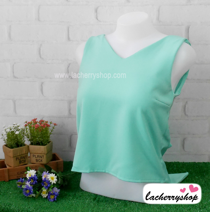 เสื้อแฟชั่น ผ้าฮานาโกะ สีพาสเทล เขียวมิ้นท์ แขนกุด ผูกโบว์ด้านหลัง แบบสวยน่ารัก สินค้าคุณภาพ ราคาไม่แพง