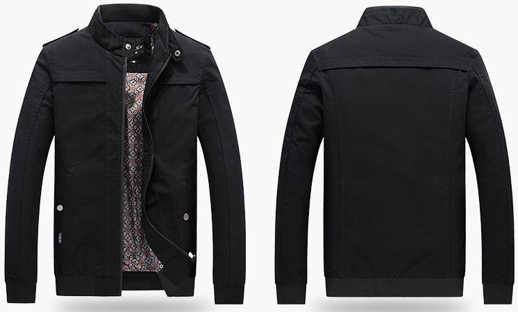 เสื้อคลุม เสื้อหนาวผู้ชาย บอมเมอร์ ซิบ แต่งบ่าอก แบบคอเข็มขัดซิบตั้ง สีดำ No 46