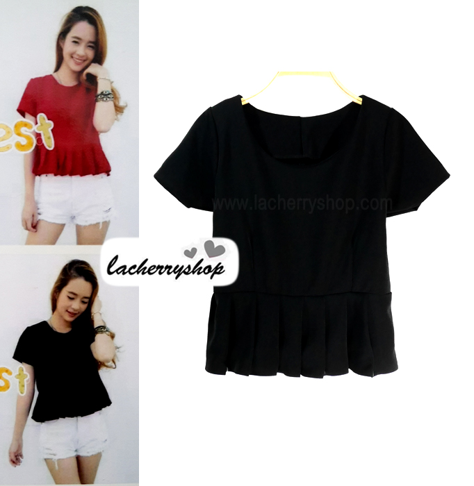 เสื้อแฟชั่น เสื้อทำงาน ผ้าฮานาโกะ สีดำ แต่งระบายเอว แบบสวยเรียบร้อย สินค้าคุณภาพ ราคาไม่แพง