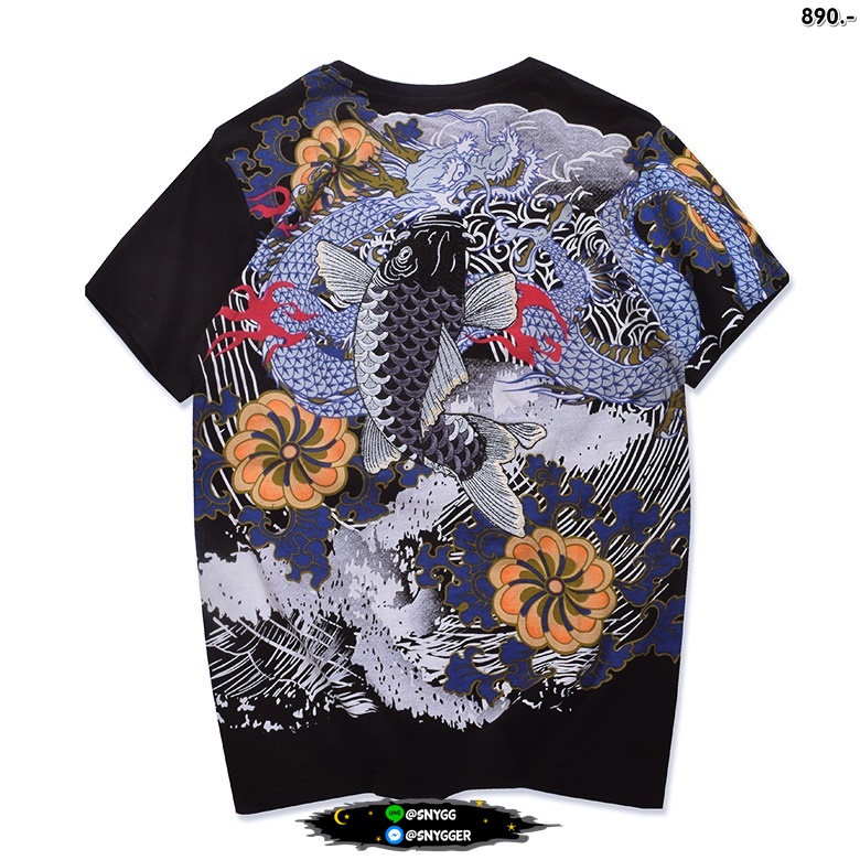 เสื้อยืด ปักลายปลาคาร์ฟ สกรีนมังกร สีดำ