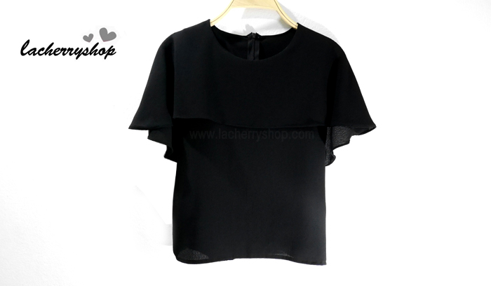 เสื้อผ้าแฟชั่น เสื้อทำงานสีดำ ตัดแต่งอกระบายรอบตัว มีซิปหลัง แบบสวยหวาน สไตล์เกาหลี ใส่ได้ทุกโอกาส คุณภาพดี ราคาไม่แพง