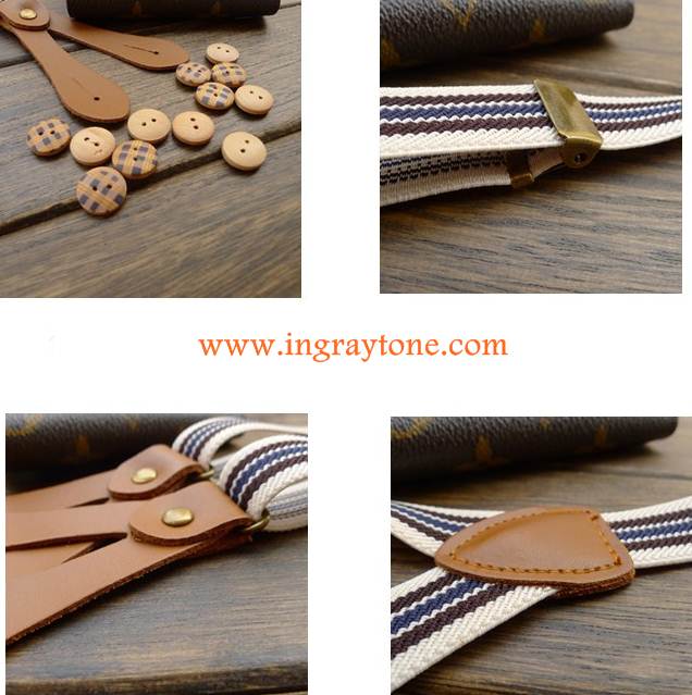 วินเทจ!!สายรัดกางเกงเอี๊ยมกระดุม แบบยืดหยุ่น วินเทจหูหนัง กว้าง 2cm แบบ Y สีครีมลายทาง น้้ำเงิน