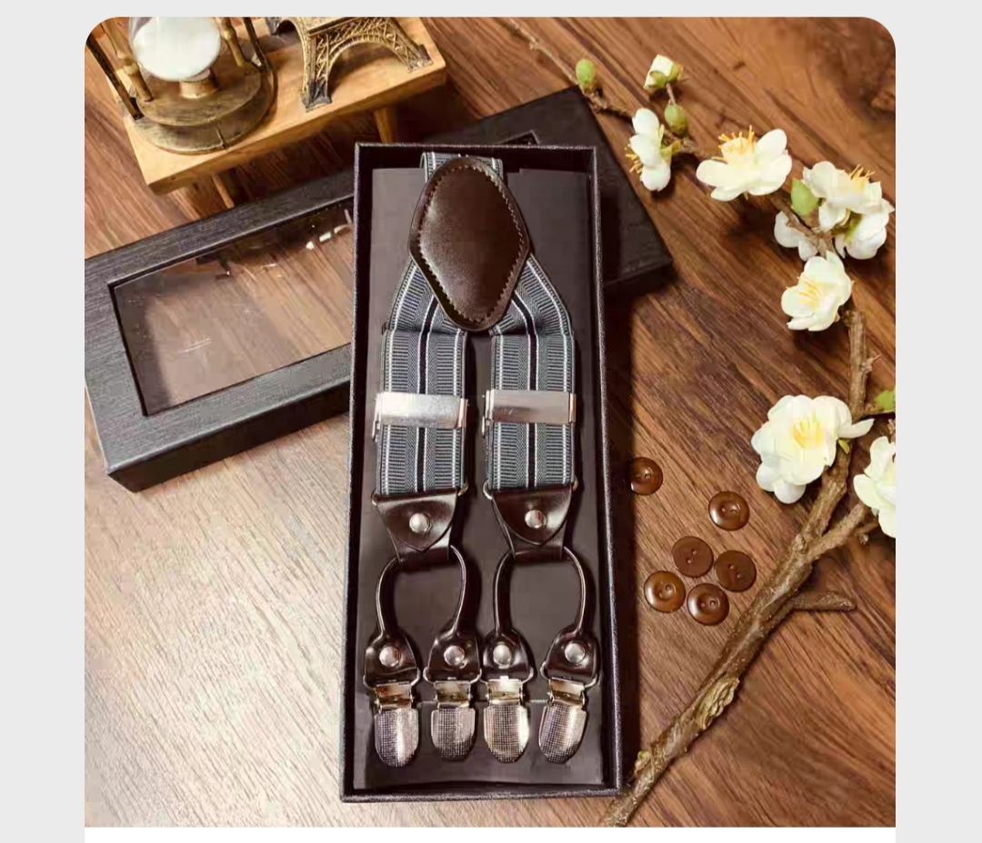 สายรัดกางเกงเอี๊ยม มาตรฐาน 6จุด หูคู่ หนังแท้ คลิบสเตนเลส กว้าง 3.5cm แบบ Y หลากสี ลายดำ พื้นดำ พื้นเทา